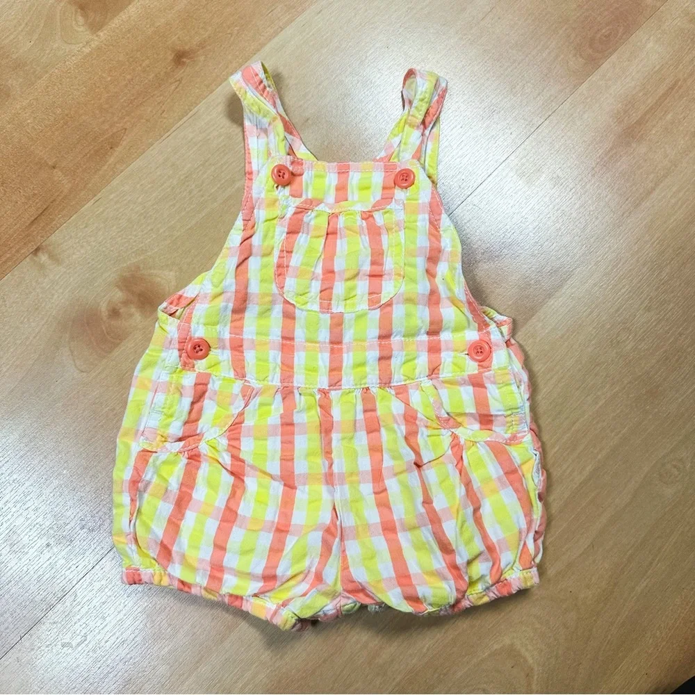 Oshkosh Yellow & Orange Plaid Vestbak Shortall Overalls Baby Girl Size 12M